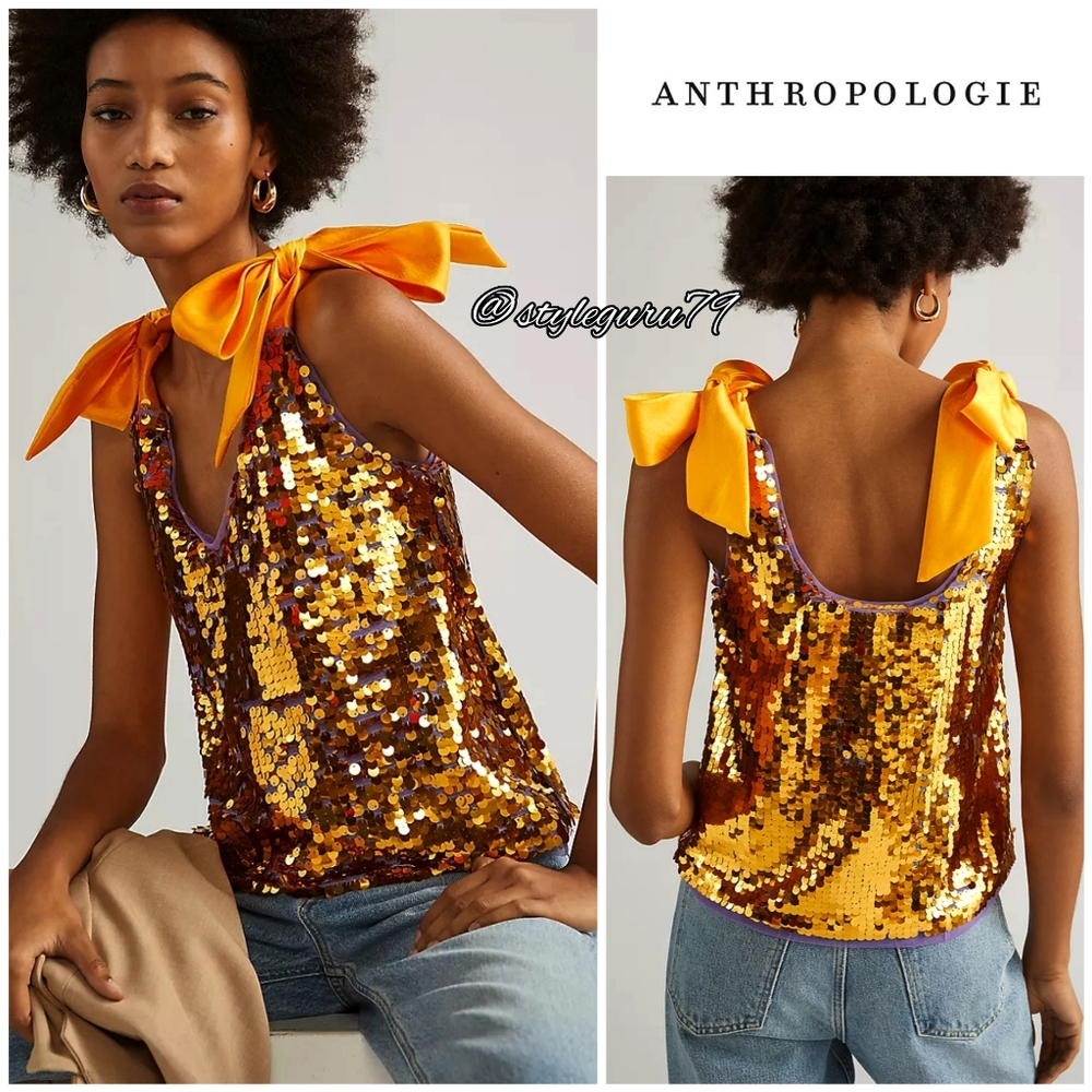 NWT, Anthropologie, MAEVE SEQUINED TIE-STRAP TANK In GOLD/PURPLE - Picture 2 of 2